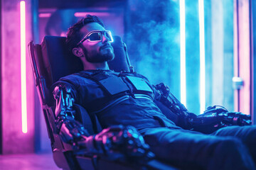 Fototapeta premium Cybernetic Man Reclining in Futuristic Chair with Neon Blue and Pink Lights, Wearing High-Tech Glasses and Robotic Prosthetic Arms