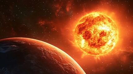 Obraz premium Sun and Earth in space, vibrant solar flares, cosmic background, celestial bodies