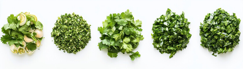 Fototapeta premium Fresh herbs arranged in beautiful display, showcasing variety of greens including cilantro, parsley, and other leafy vegetables. This vibrant assortment adds burst of flavor and color to any dish