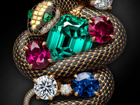 Luxurious snake jewelry with gemstones: emerald, ruby, sapphire, diamond