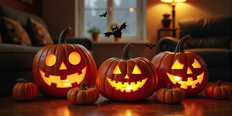Fototapeta premium House decorated with spooky Halloween decorations, pumpkin faces and bats, helloween and thanksgiving tradition