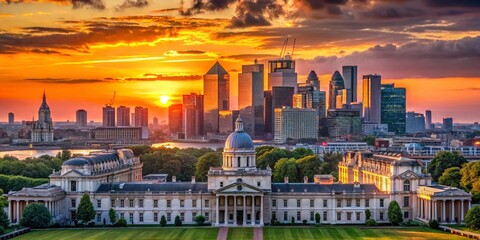 Obraz premium London Skyline Silhouette - Canary Wharf and Classical Buildings on a Summer Day
