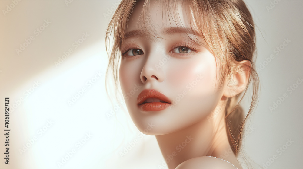 Poster 美肌の若くて綺麗なアジア人女性モデル。金髪でカラーコンタクトをして、流行りのファッションをしている美容ポートレート。
