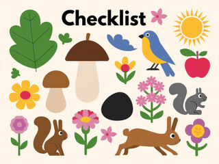 Fototapeta premium Colorful nature icons: animals, flowers, and plants for checklists