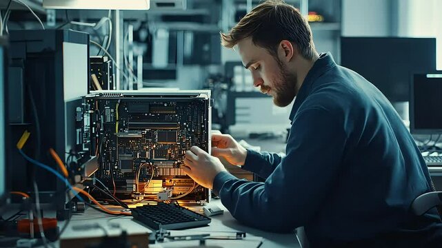 A focused individual is working on a computer's internal components, showcasing a technical environment with various tools and cables.
