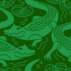 Vector seamless pattern with linear style crocodiles swimming in the river