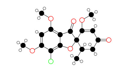 griseofulvin molecule, structural chemical formula, ball-and-stick model, isolated image antifungal medication