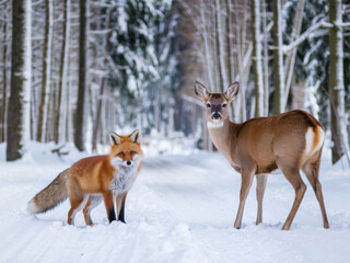Winter woodland harmony: fox and deer in snowy forest scene