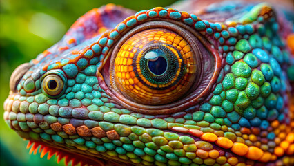 Naklejka premium Close-up of a chameleon’s colorful skin and bulging eye 