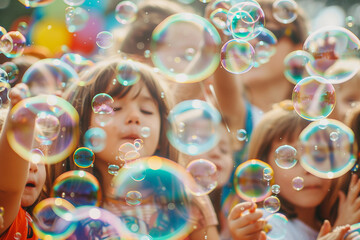 Young woman man child people pet enjoying the festival of hot air balloons, capturing selfie colorful balloons in the sky