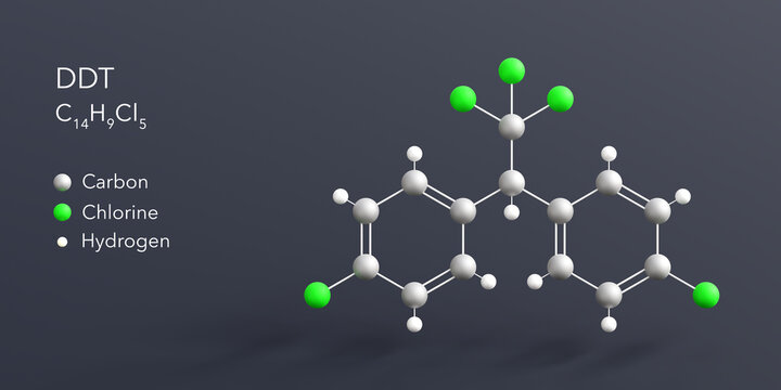 ddt molecule 3d rendering, flat molecular structure with chemical formula and atoms color coding