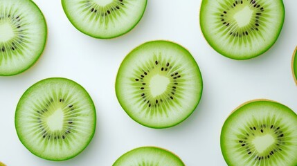 Fototapeta premium A single kiwi fruit cut into thin slices, fanned out on a pristine white surface, each slice glowing with vibrant green tones and delicate seeds