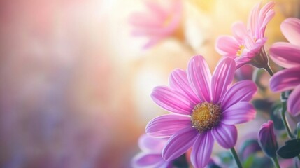 Obraz premium Pink daisies blooming in soft light, vibrant petals, blurred background