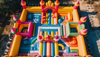 Fototapeta premium Majestic Inflatable Wonderland: Explore the Colorful Castle Labyrinth