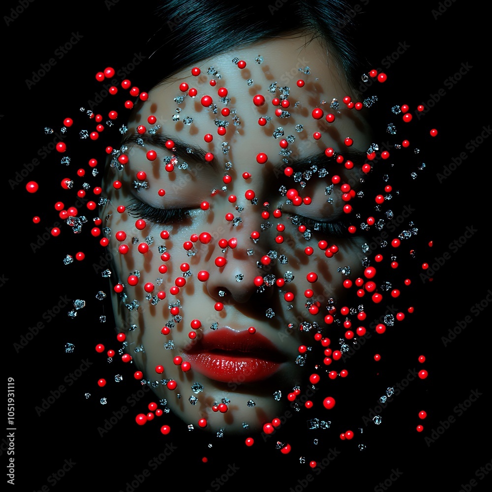 Wall mural abstract face with red spheres and crystal-like particles.