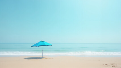 A Serene Escape: A Blue Umbrella Beside a Peaceful Body of Water on a PerfectCovered Beach