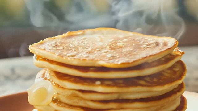 A delightful scene fluffy buttermilk pancakes dropping wooden plate evoking sweetness breakfast beautifully captured highquality 4K footage appetizing effect food battercake sweet sirup delicious
