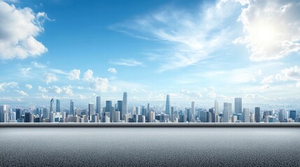 Obraz premium A broad, empty highway stretches towards a skyline of skyscrapers beneath a bright blue sky, ideal for urban advertising opportunities