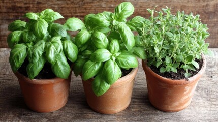 Naklejka premium Close-up of basil, rosemary, and thyme in aged clay pots on a weathered table.