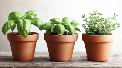 Obraz premium Close-up of basil, rosemary, and thyme in aged clay pots on a weathered table.