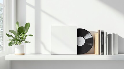 A vinyl record mock up, plain, blank, white sleeve on a white backdrop with books and plant, natural outdoor light