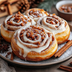 Fototapeta premium Homemade Cinnamon Roll With Vanilla Icing Drizzle, Close-up With Spices And Powdered Sugar On Wooden Board