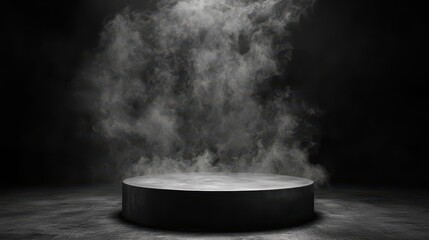 Podium black dark smoke background product platform abstract stage texture fog spotlight. Dark black floor podium dramatic empty night room table concrete wall scene place display studio smoky dust