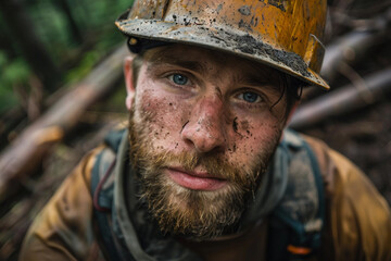 Fototapeta premium Generative AI image of a handsome virile bearded woodcutter at work in a traditional woodworking workshop
