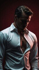 Obraz premium Brooding man in open white shirt with ankh necklace exuding dark, sensual allure against moody backdrop