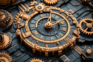 Intricate clockwork design with gears and clock face.