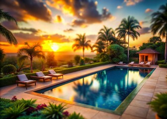 Fototapeta premium Luxury Pool at Sunset - Serene Oasis with Tilt-Shift Effect for Stunning Visuals