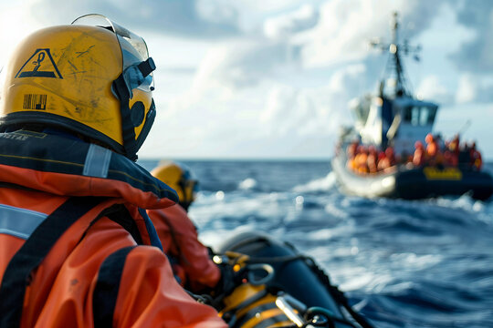 Coastguard standing on a crowded beach with umbrellas and swimmers, watching over the safety of beachgoers, Generative AI