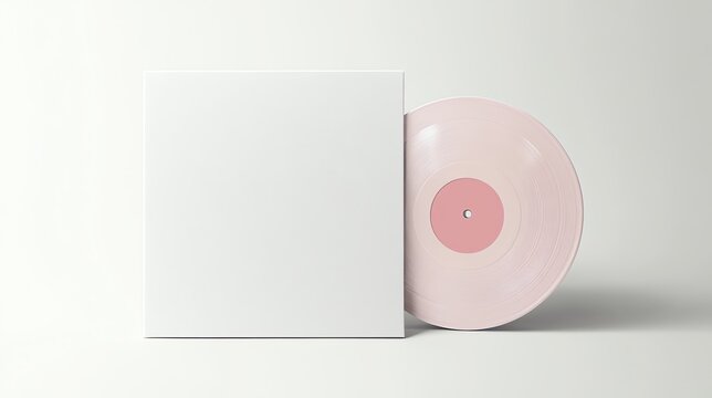 A pink vinyl record mock up, a pink inner label, plain, blank, white sleeve on a white backdrop 