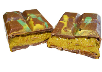 Dubai chocolate isolated on white background.  Two pieces of Dubai chocolate