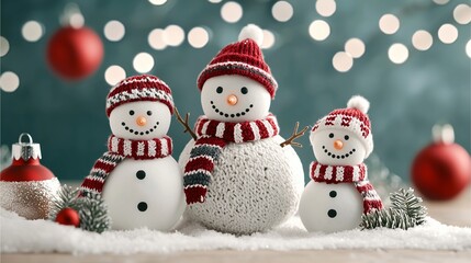 Fototapeta premium A festive scene featuring three cheerful snowmen in red and white hats, surrounded by holiday decorations, conveying a warm winter spirit.