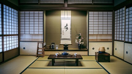 A traditional Japanese tea room with tatami mats, shoji screens, and a tea ceremony set.