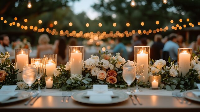 A wedding reception table featuring glowing candles, delicate floral garlands, and classic table settings, surrounded by a softly blurred background of guests in conversation.