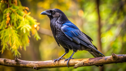 Obraz premium Black raven sat on a branch background