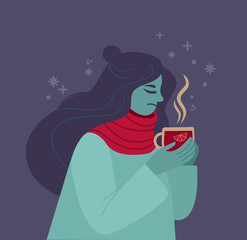 Sad ill or depressed girl drinking hot beverage. Flu Season Concept. Sick woman Wrapped In scarf holding mug with tea or mulled wine