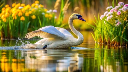 Obraz premium Majestic Trumpeter Swan Spreading Its Wings Amidst Tranquil Waters in Nature's Embrace