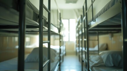 Sunlit room with organized bunk beds and a large window, evoking a cozy hostel or dormitory feel