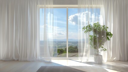 Modern living room, sheer curtains on white window, , indoor plant, sky and landscape view, bright...