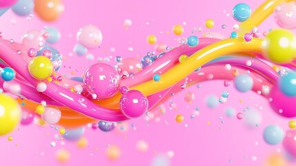 Vibrant colorful bubbles and twisting strands create a playful atmosphere of joy and creativity in a bright pink background