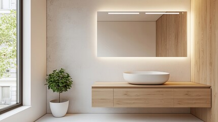 Fototapeta premium A modern bathroom design featuring a sleek mirror, minimalist sink, and potted plant, showcasing natural light and wood accents.