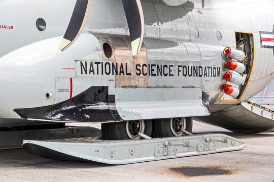 Ski-equipped LC-130H Hercules plane used by the National Science Foundation in the Arctic and Antarctic.