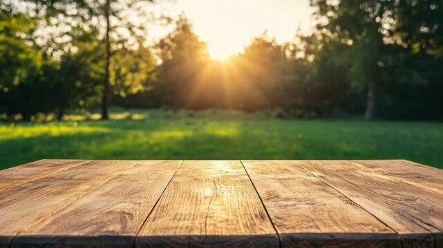 A rustic wooden table in a sunlit outdoor setting