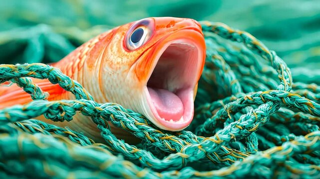 A close-up of a goldfish entangled in green fishing net