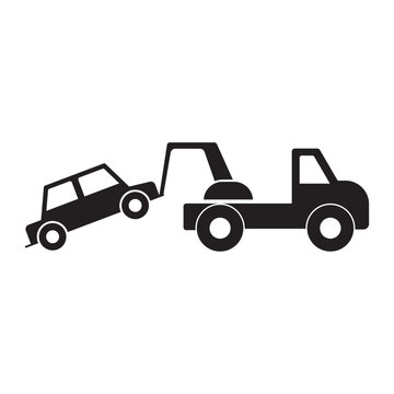 vector flat icon of a tow truck pulling a broken down car