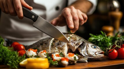 Hands of chef slicing fresh fish with a knife, preparing seafood for a gourmet dish.