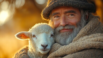 Farmer face smiling while petting a small lamb, with the lamb soft wool in focus, photorealistic
